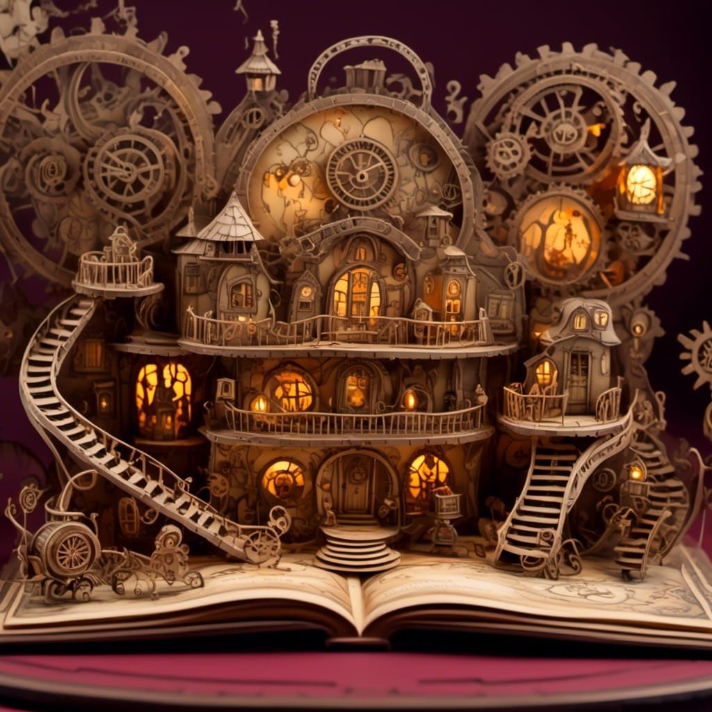 Clockwork House in Pop-Up Book, Fantasy Illustration