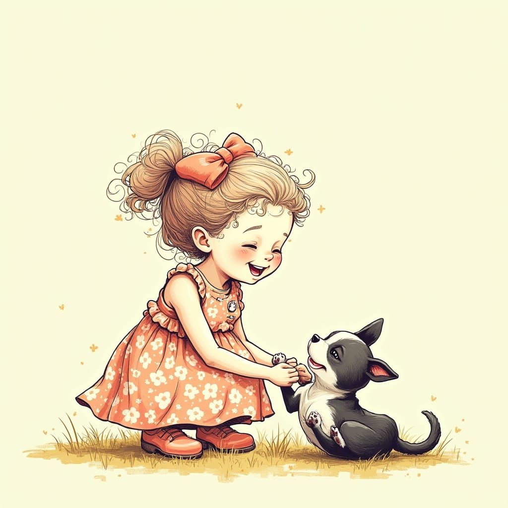 pen and ink sketch of a little girl playing with Boston Terr...