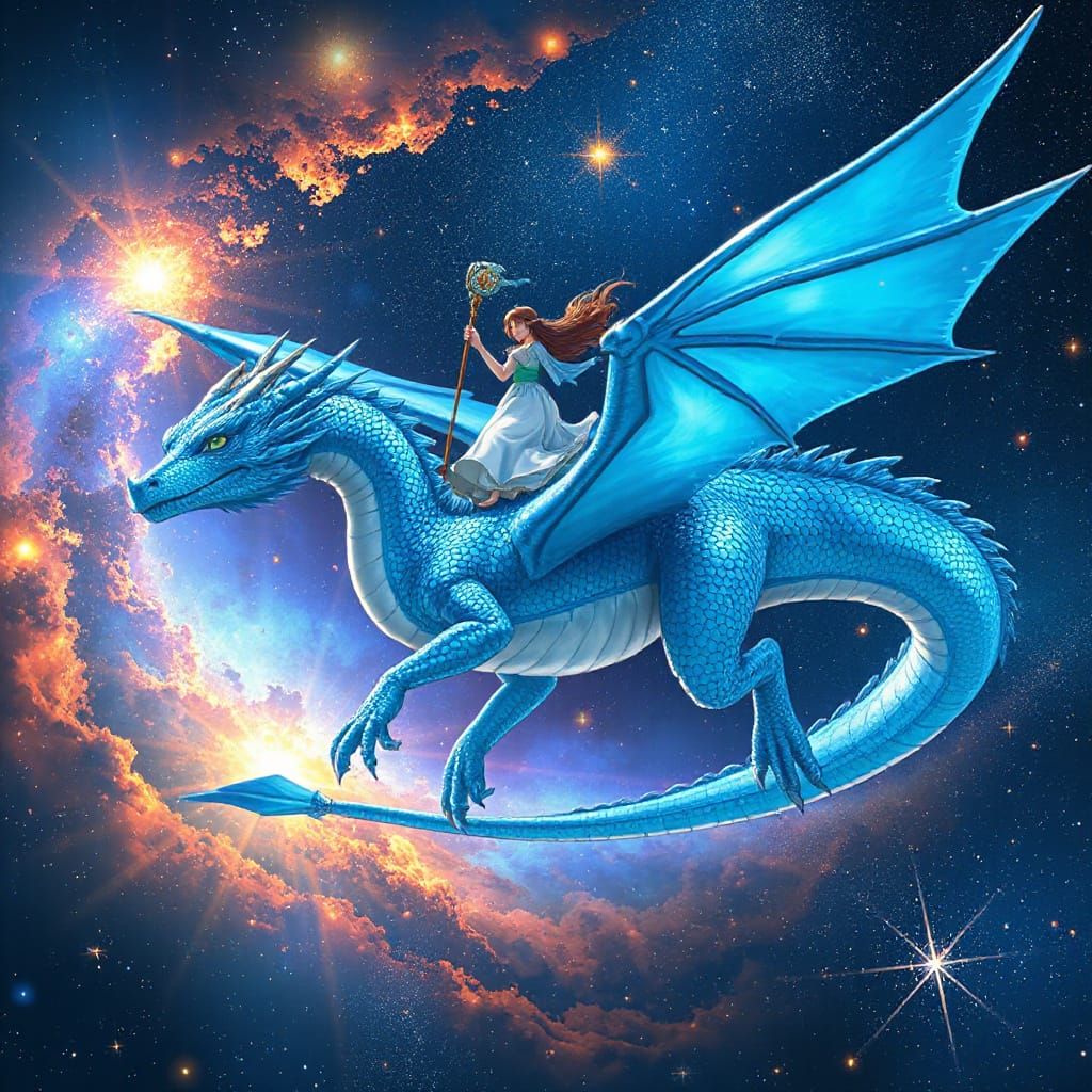 Blue Dragon Soaring Through Nebula, Ghibli Style