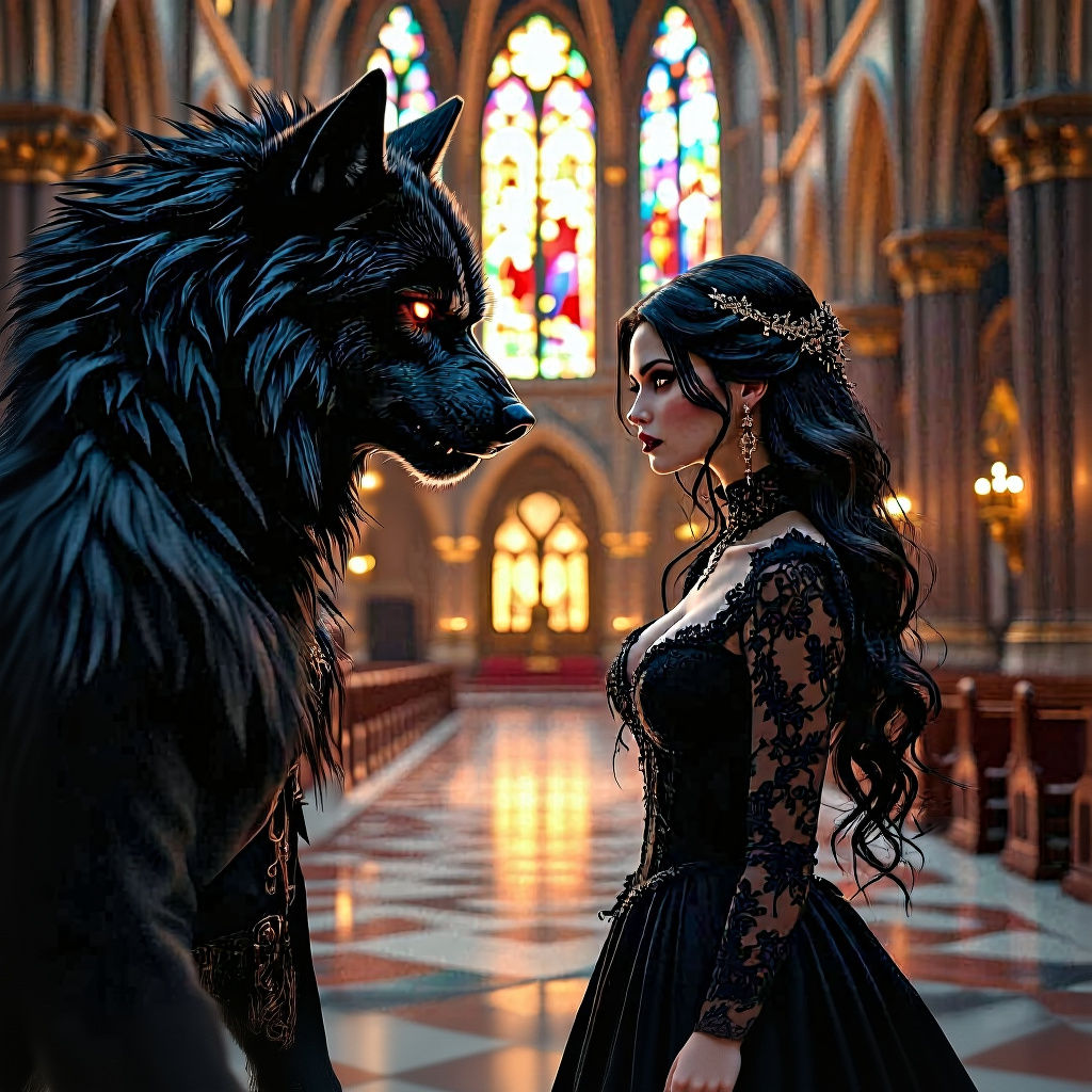 Gothic Woman Confronts Werewolf in Cathedral