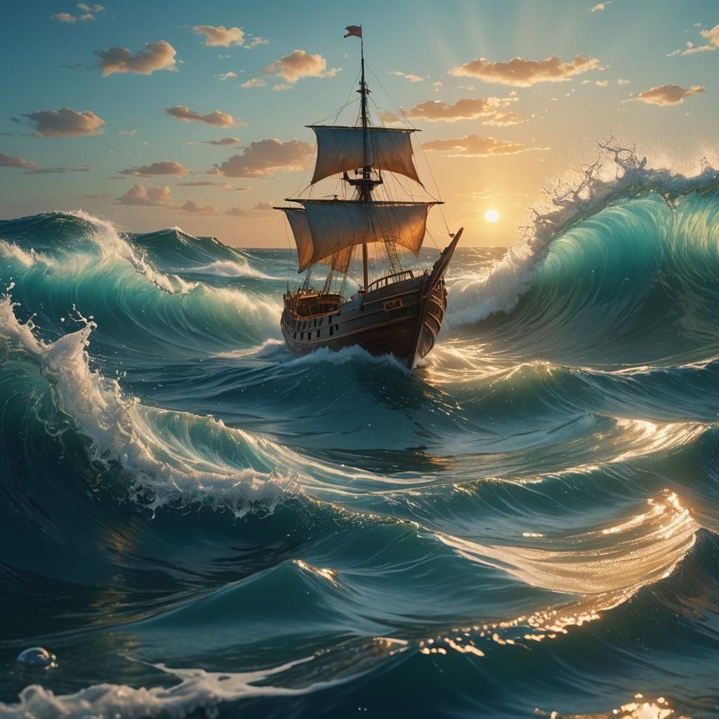 Vibrant Sea Waves Surround Boat in Fantasy Art
