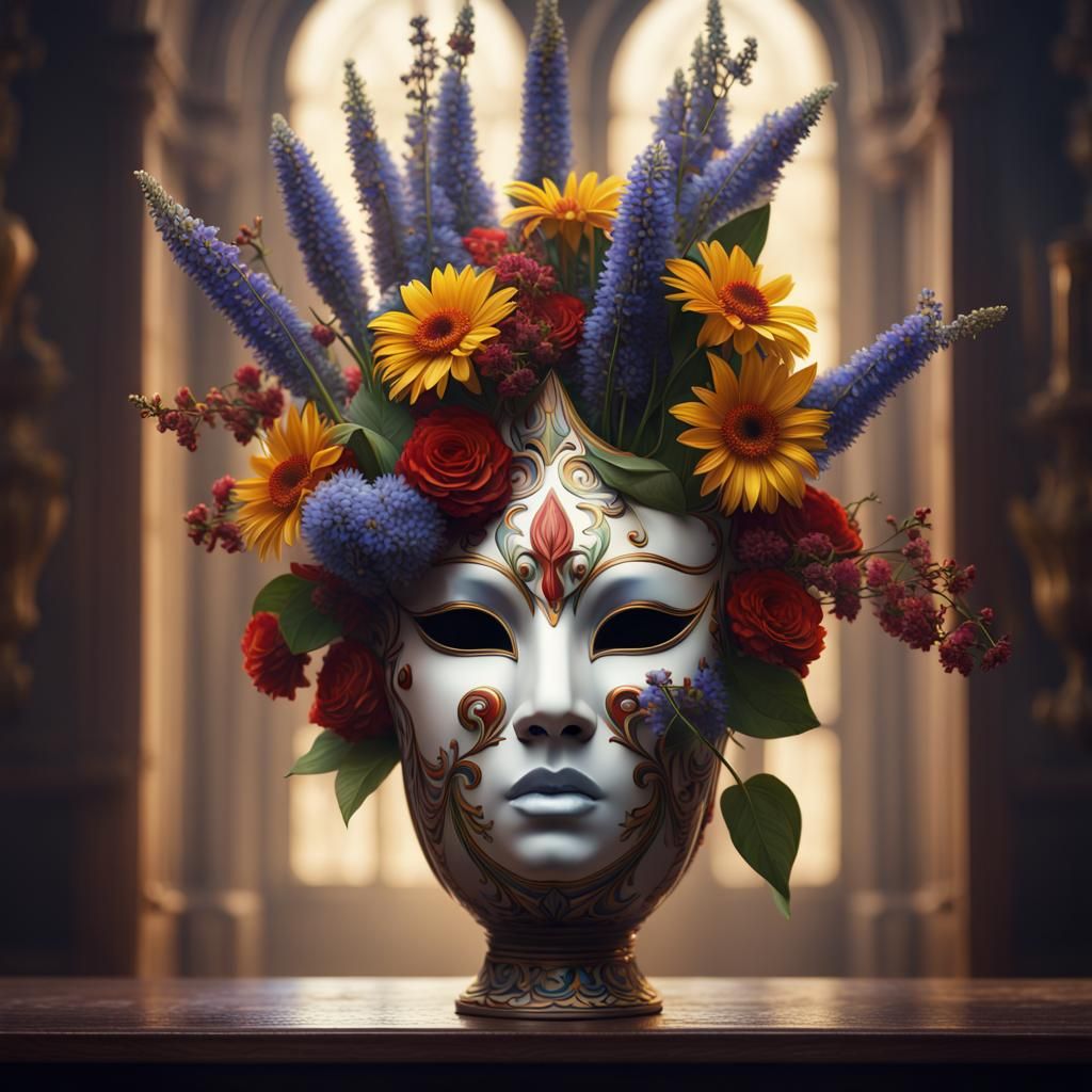 Envision a Venetian mask transformed into a surreal vase, where the mask's intricate details intertwine with a big bouqu...