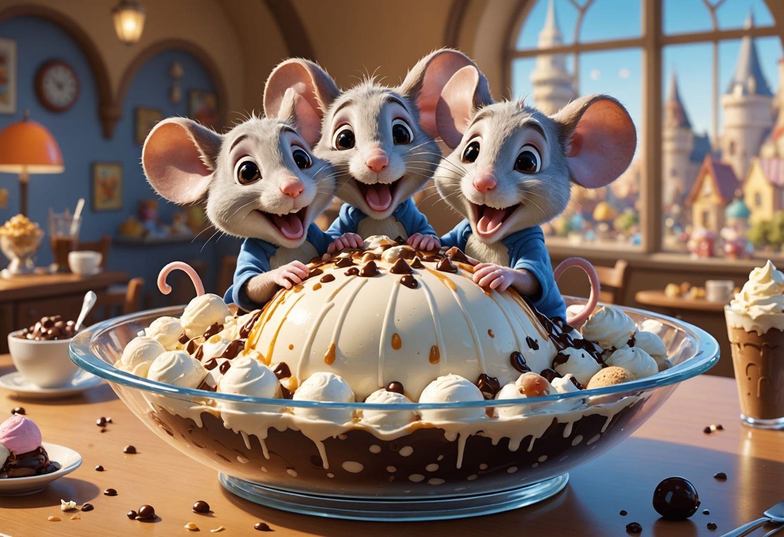 Cartoon Mice Adventure in Giant Ice Cream Sundae