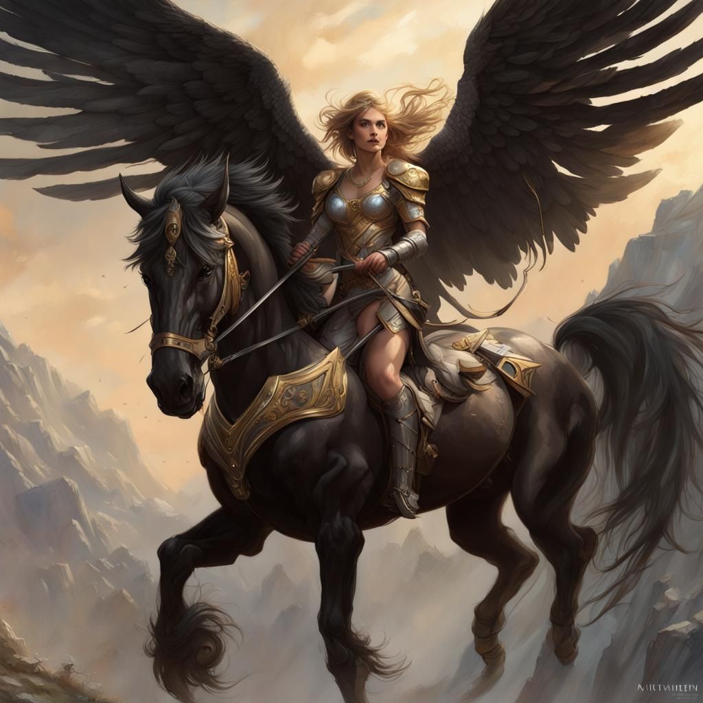 Valkyrie on Black Pegasus: Hyperdetailed Fantasy Art
