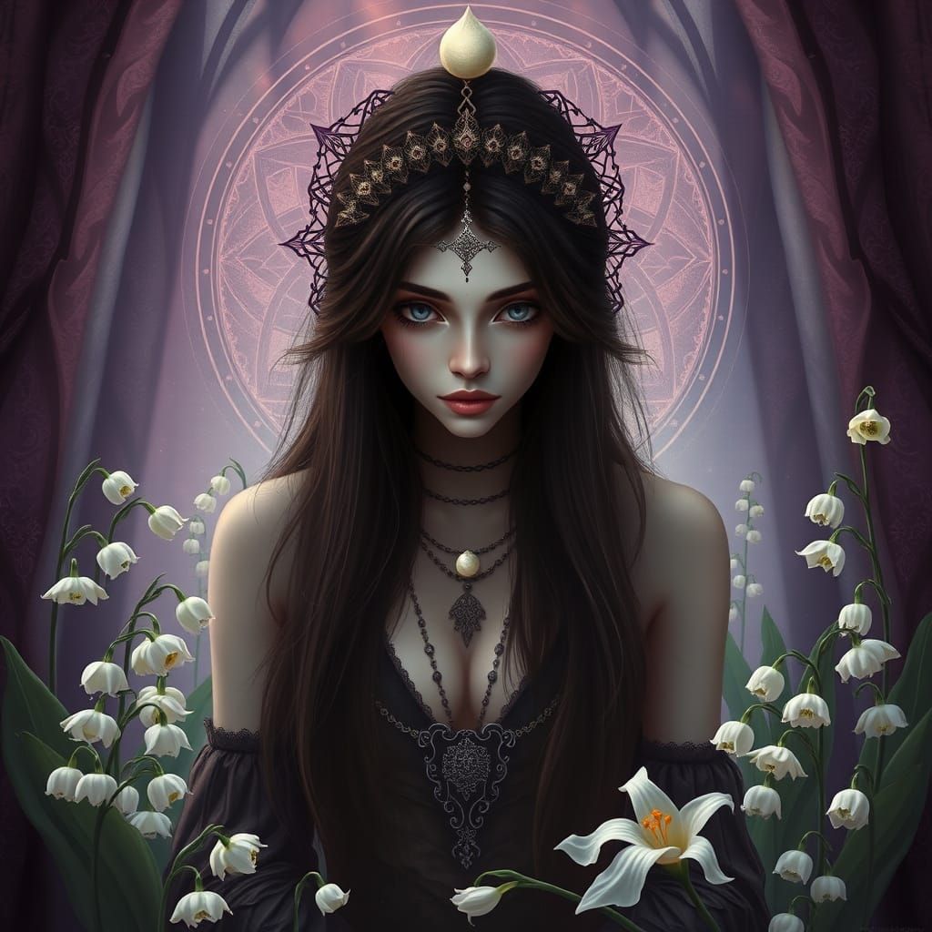 Ethereal Woman in Lily of the Valley Blooms, Gothic Sacred G...