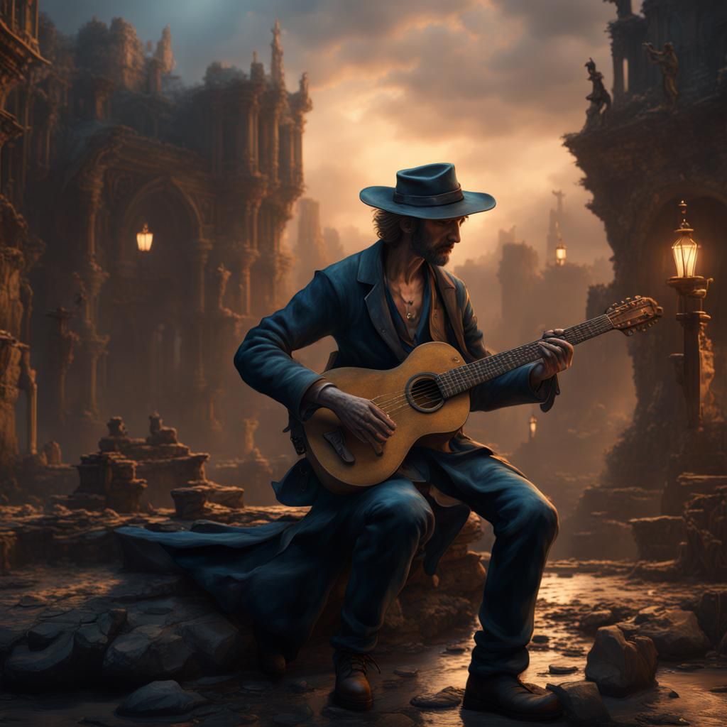 Fantastical Old Guitarist in Detailed Matte Painting
