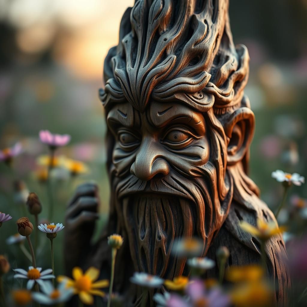 Carved Wooden Forest Spirit in Flower Meadow