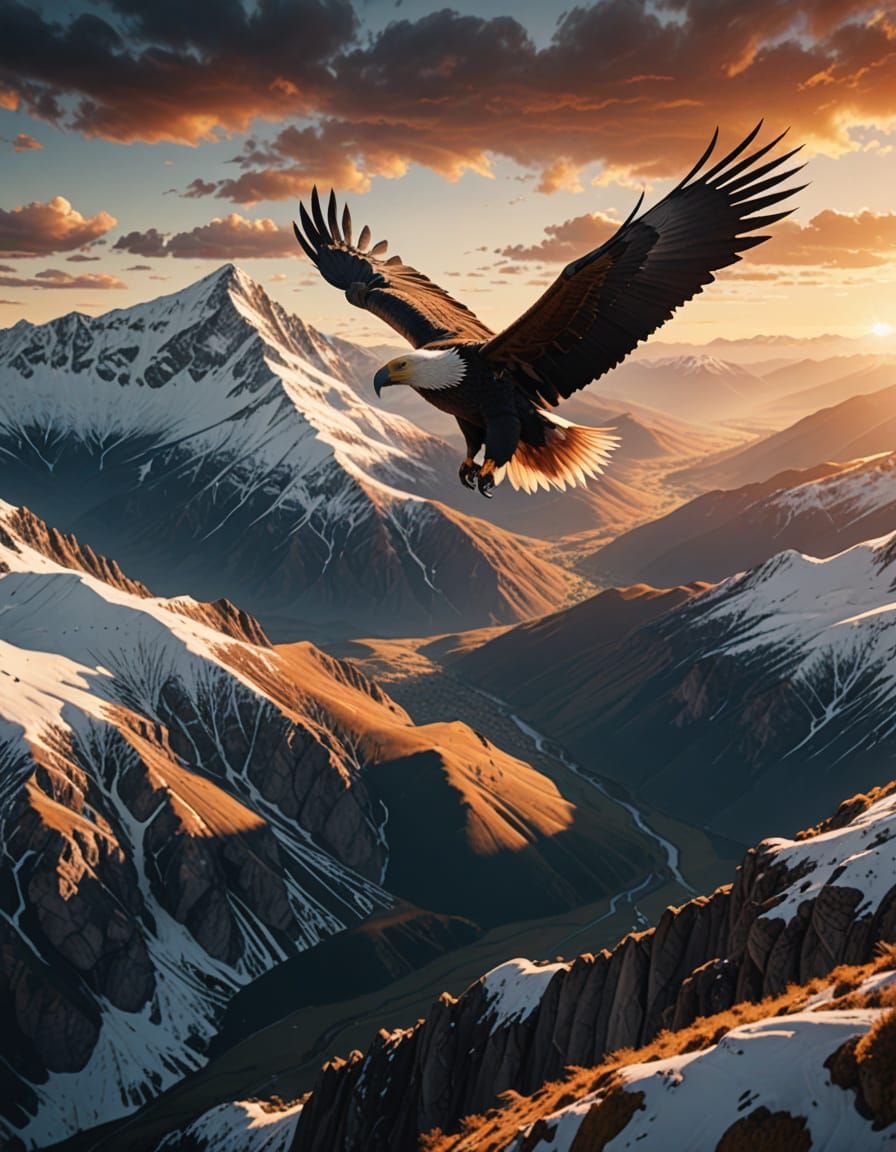 Condor Soaring Over Mountains in Golden Light