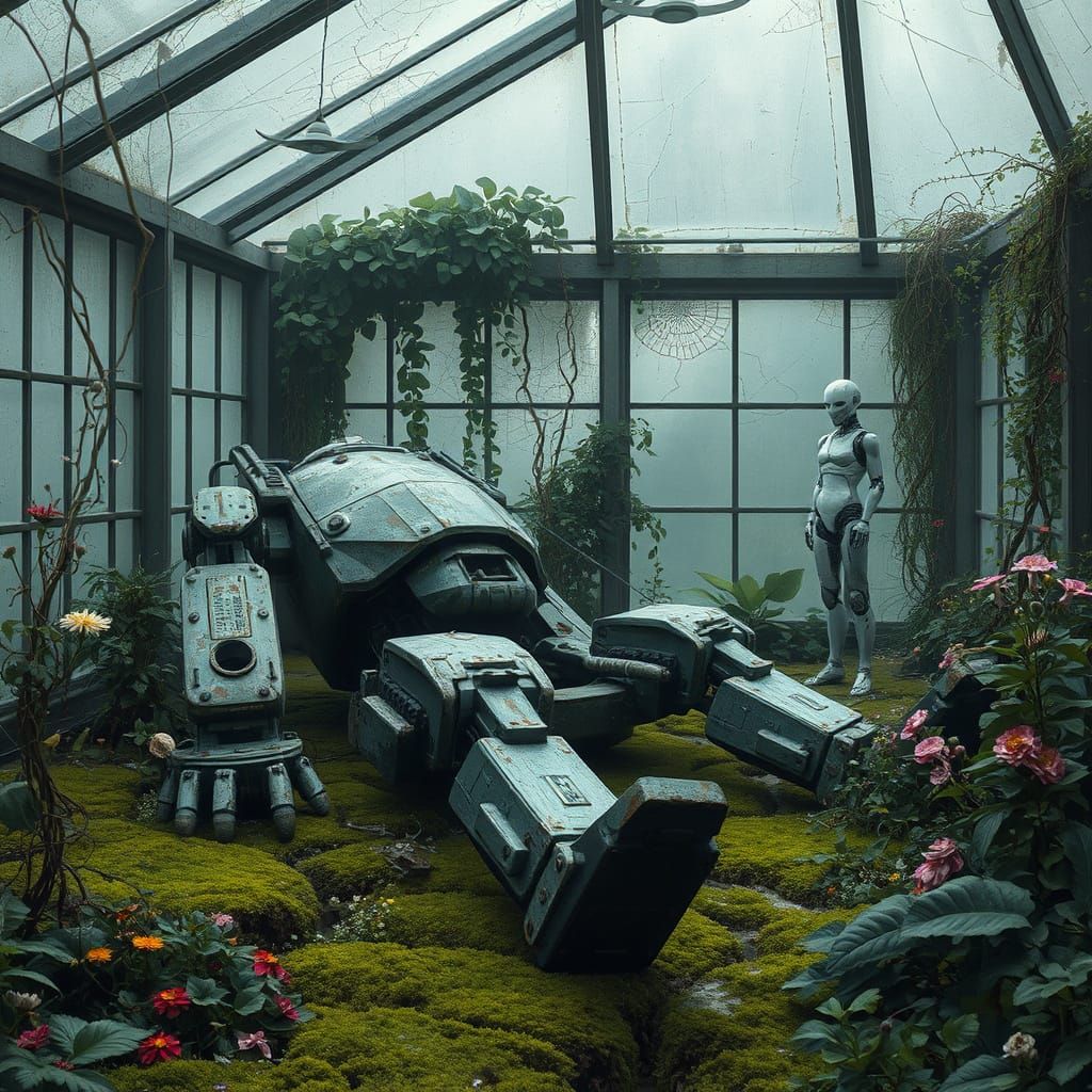 Robot in Overgrown Greenhouse: Painterly Realism