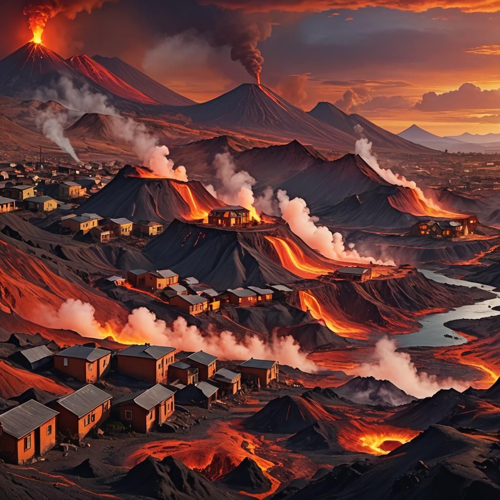Surreal Volcanic Landscape with Futuristic Architecture