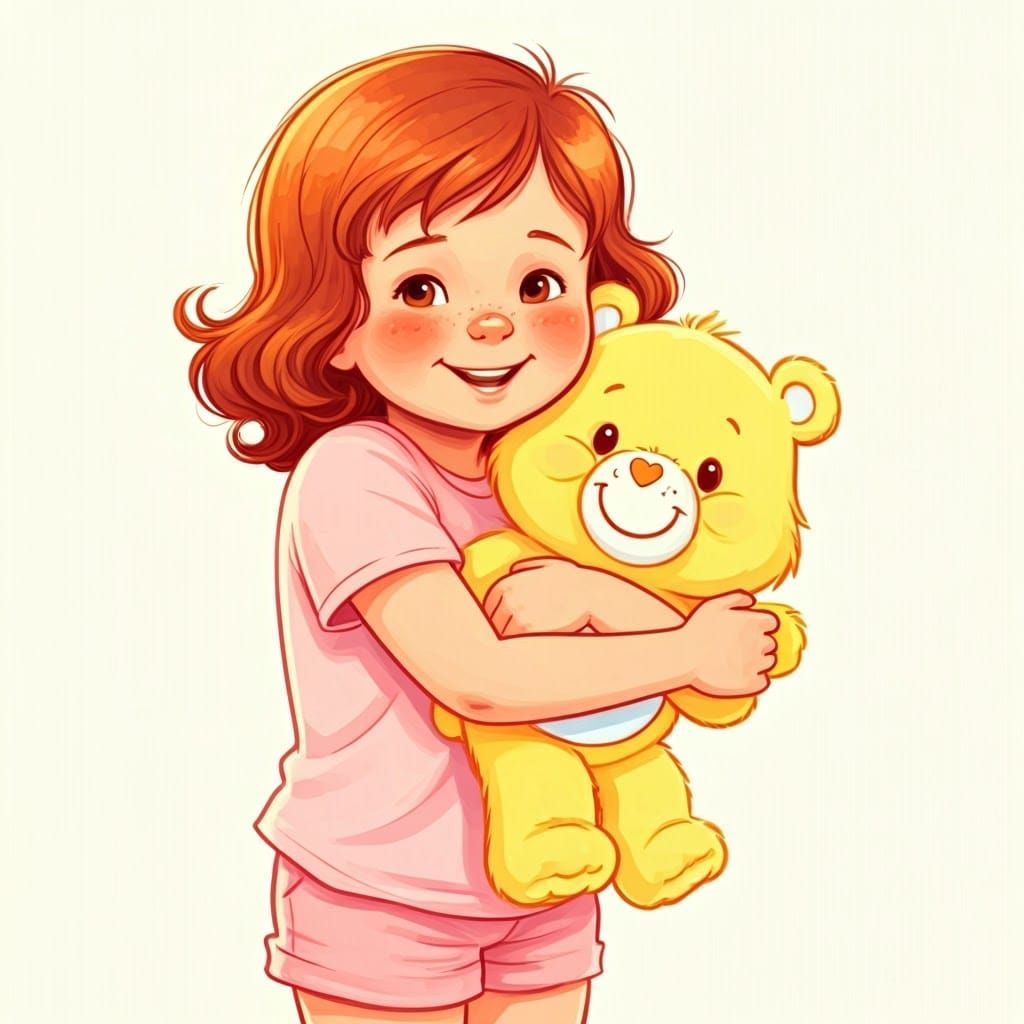 Whimsical Child and Carebear in Watercolor Style