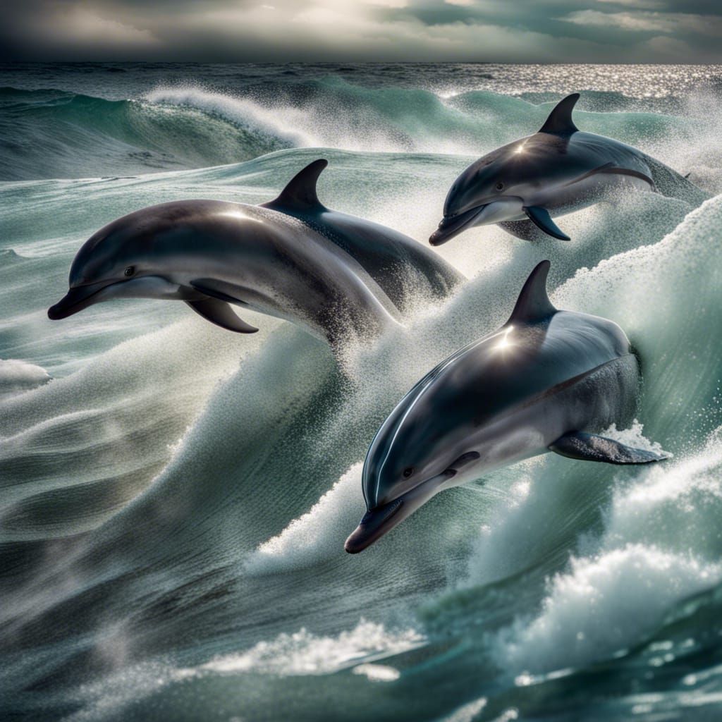 Hyperrealistic Dolphins Play in Moody Ocean Waves