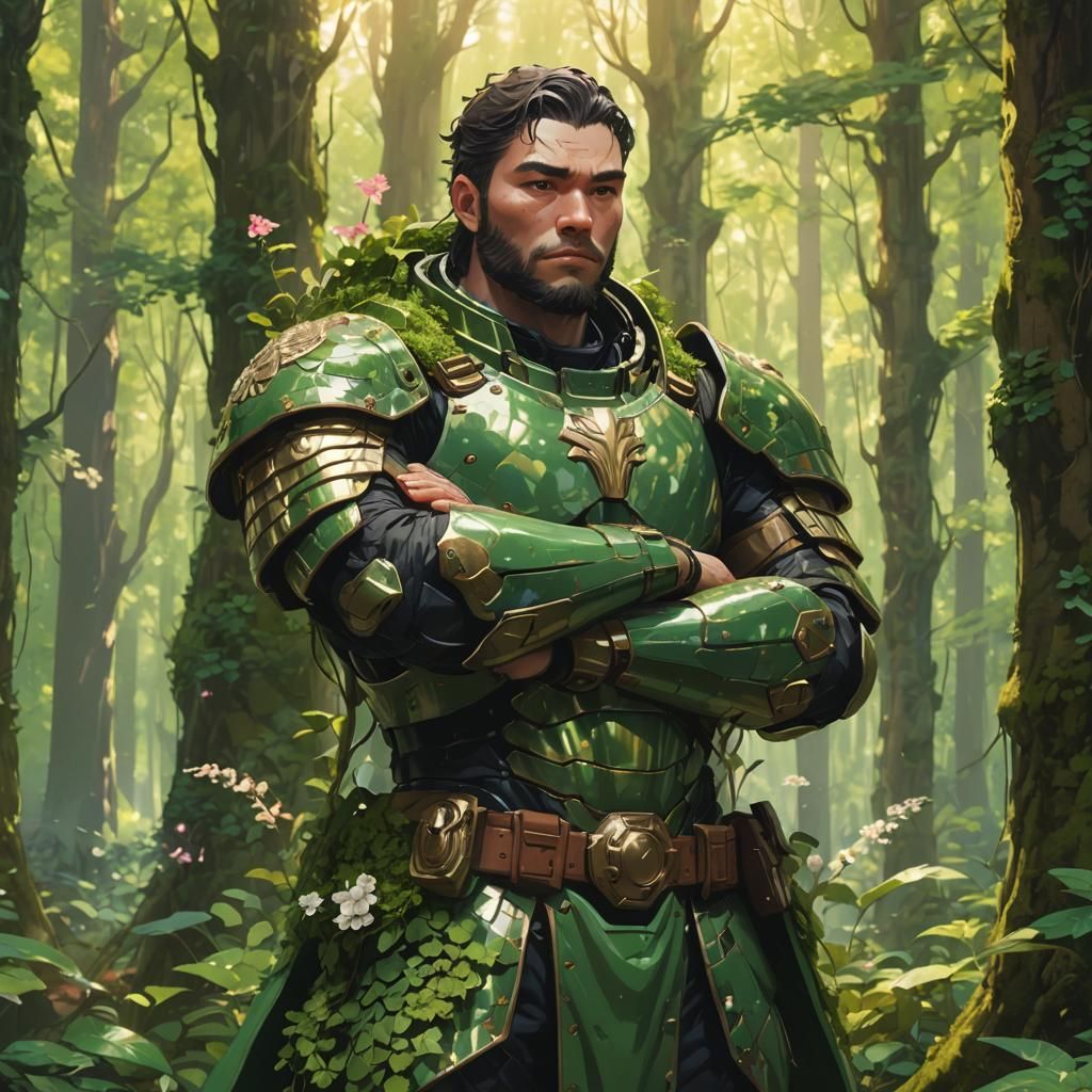 Shell Armored Humanoid in Lush Forest, Anime Style