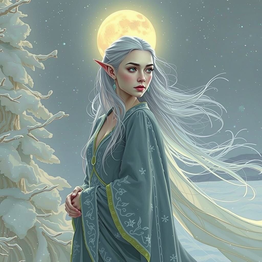 Majestic Elf Maiden Under Winter's Ethereal Glow
