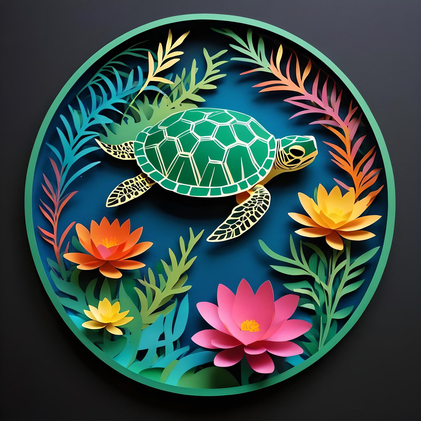 Colorful Kirigami Sea Turtle in Paper-Cut Style