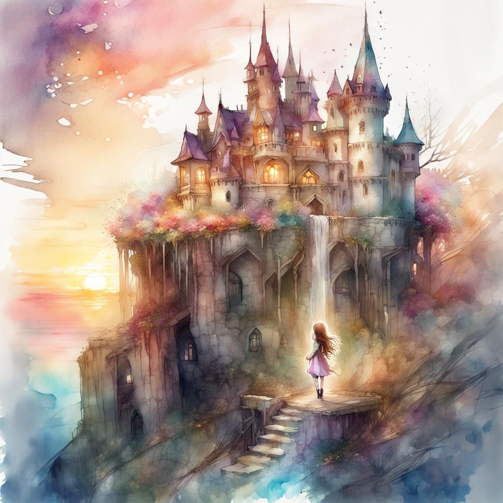 Cute Chibi Rapunzel in Fantasy Castle Watercolor