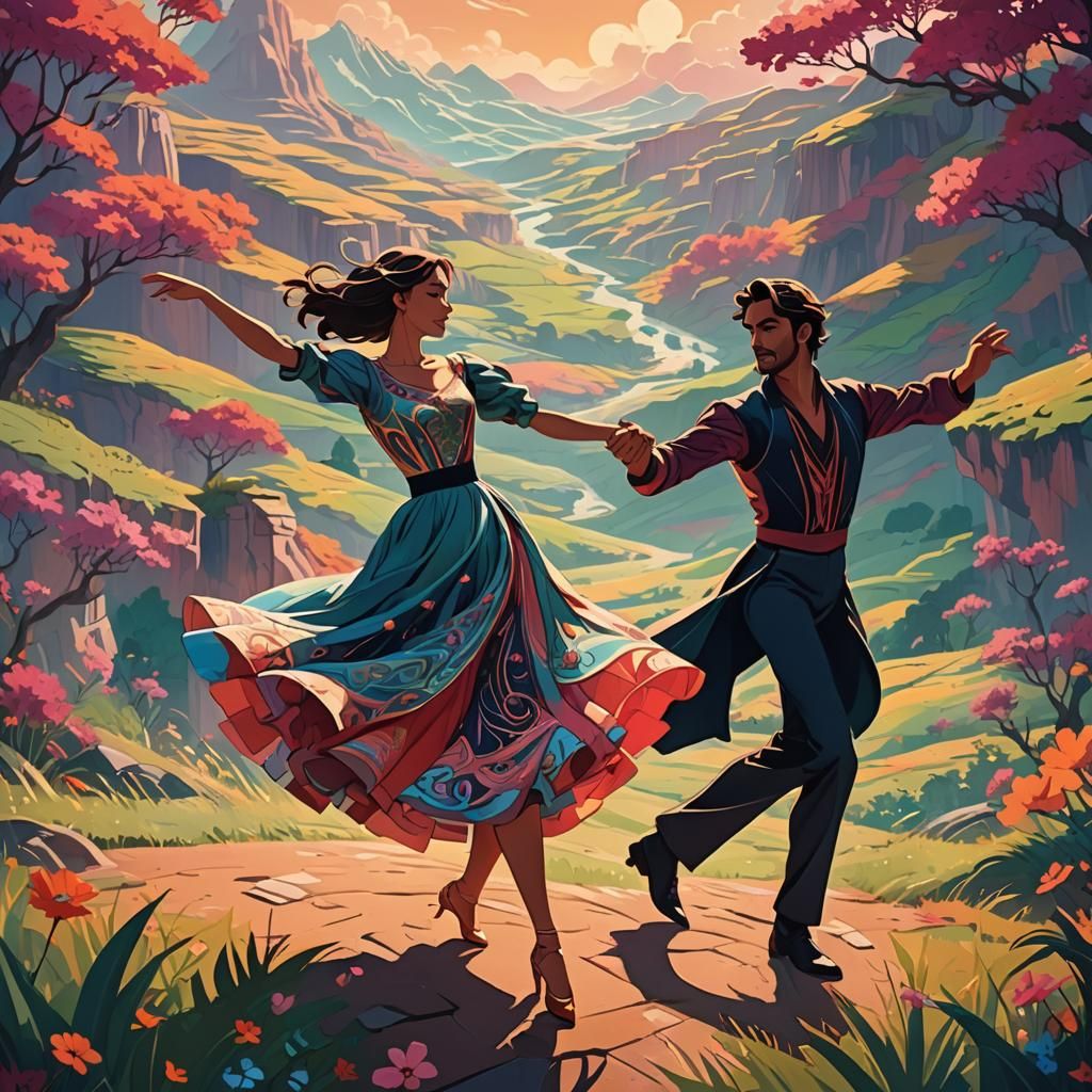 Anime-Inspired Dance in Dreamlike Landscape
