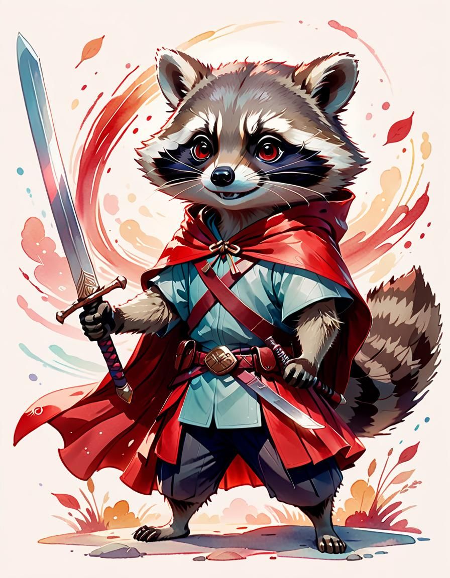 Anime Raccoon Warrior with Sword and Cape