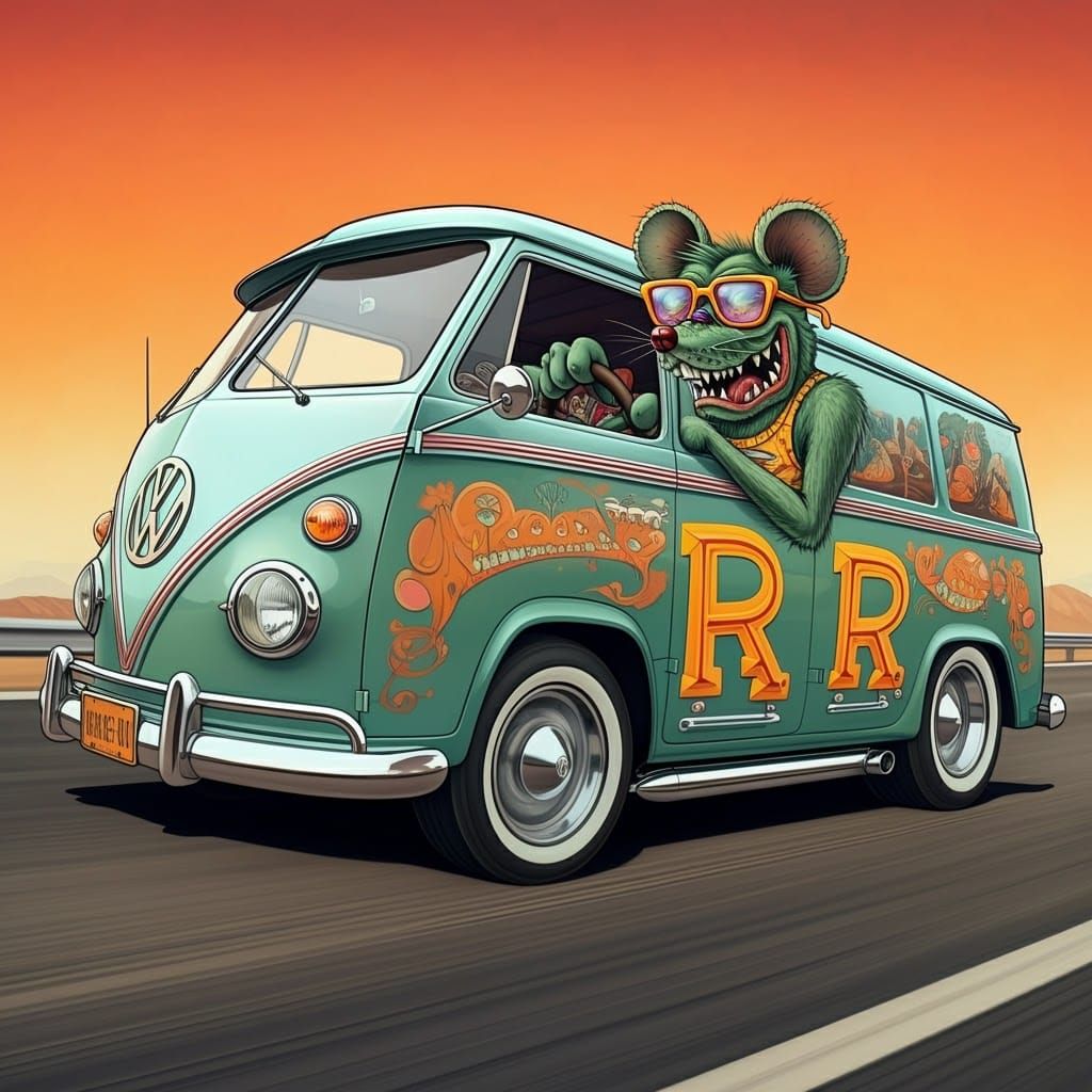 Retro Cat Drives Boogie Van in Psychedelic Style