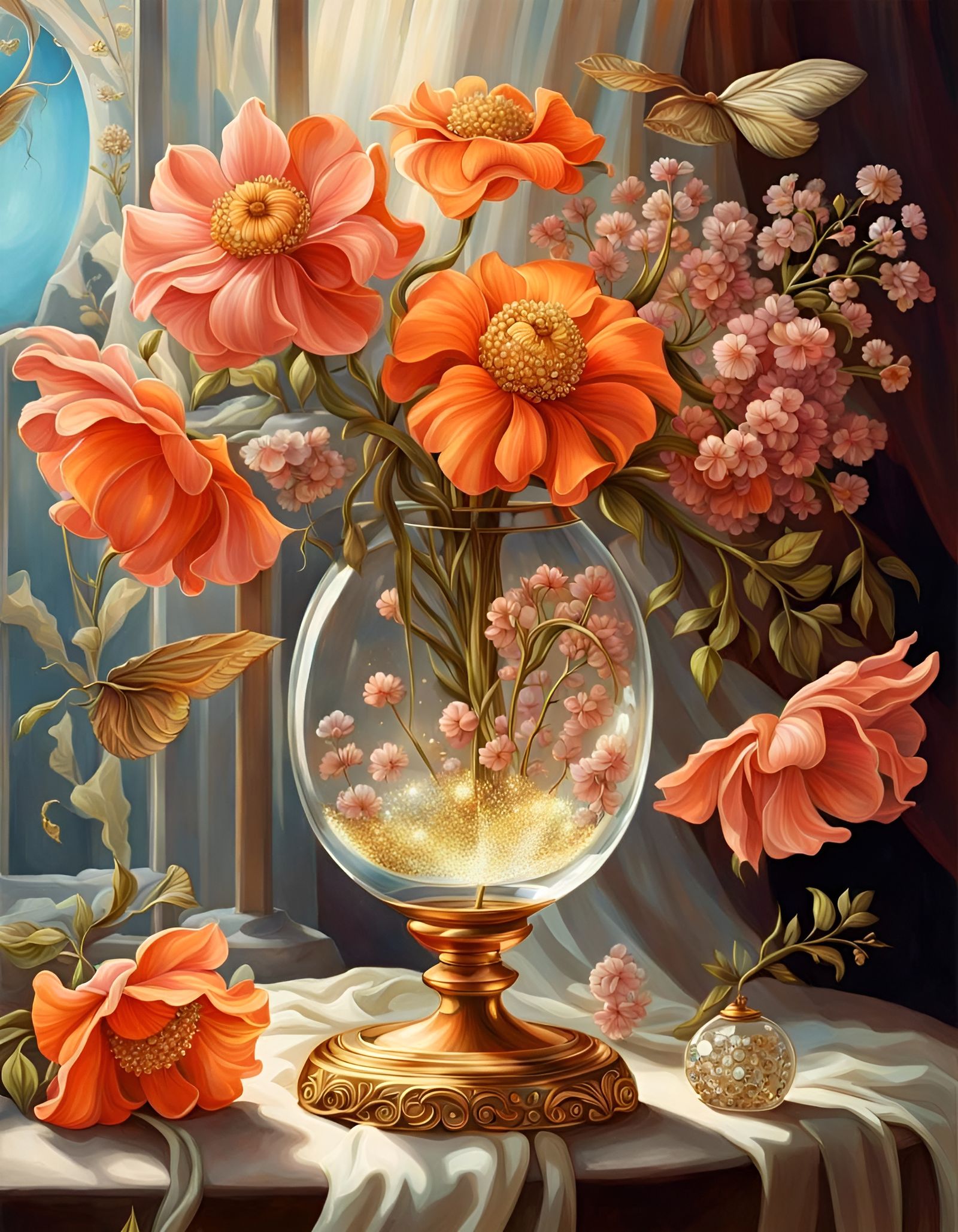 Enchanted Still Life Flowers with Art Nouveau Elements