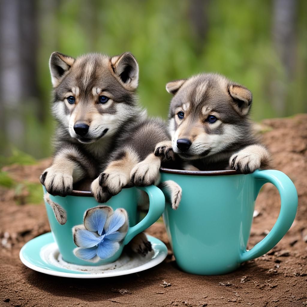 Wolf Pups Cuddling in Teacups