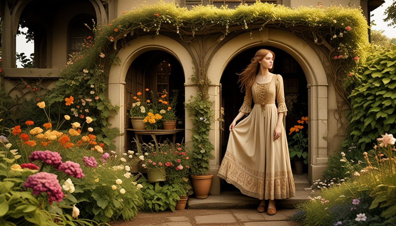 Ethereal Cottage Scene in Art Nouveau Style