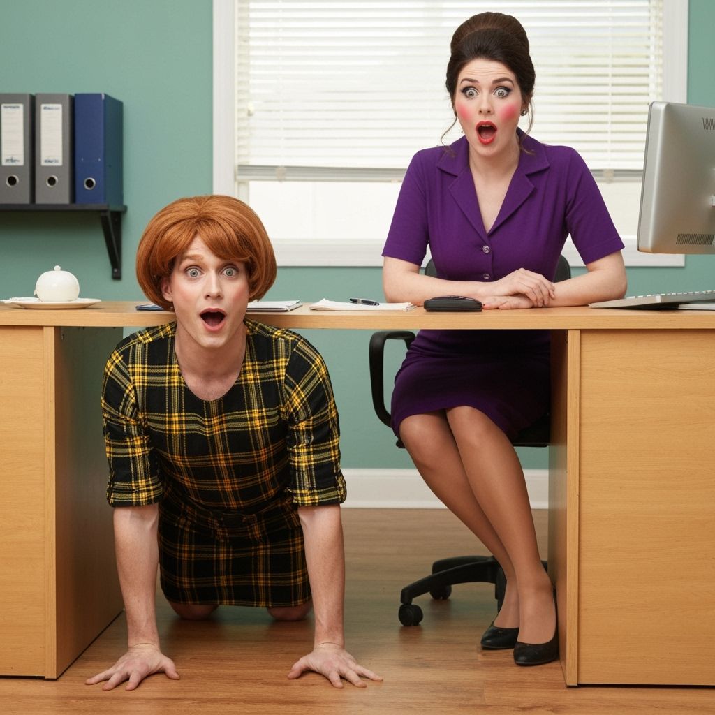 1960s Office Scene: Man Under Desk, Woman Surprised