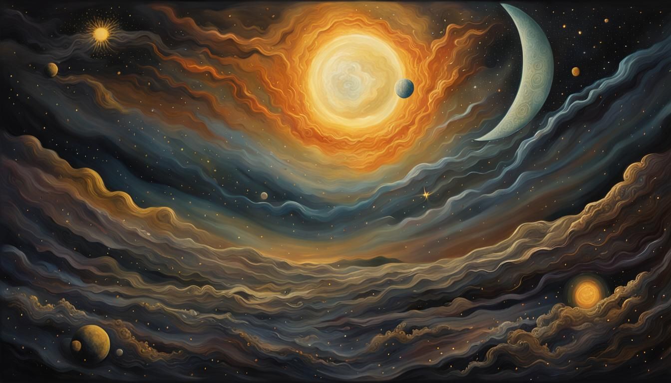 Symbolist Astrological Painting of Sun, Moon and Stars