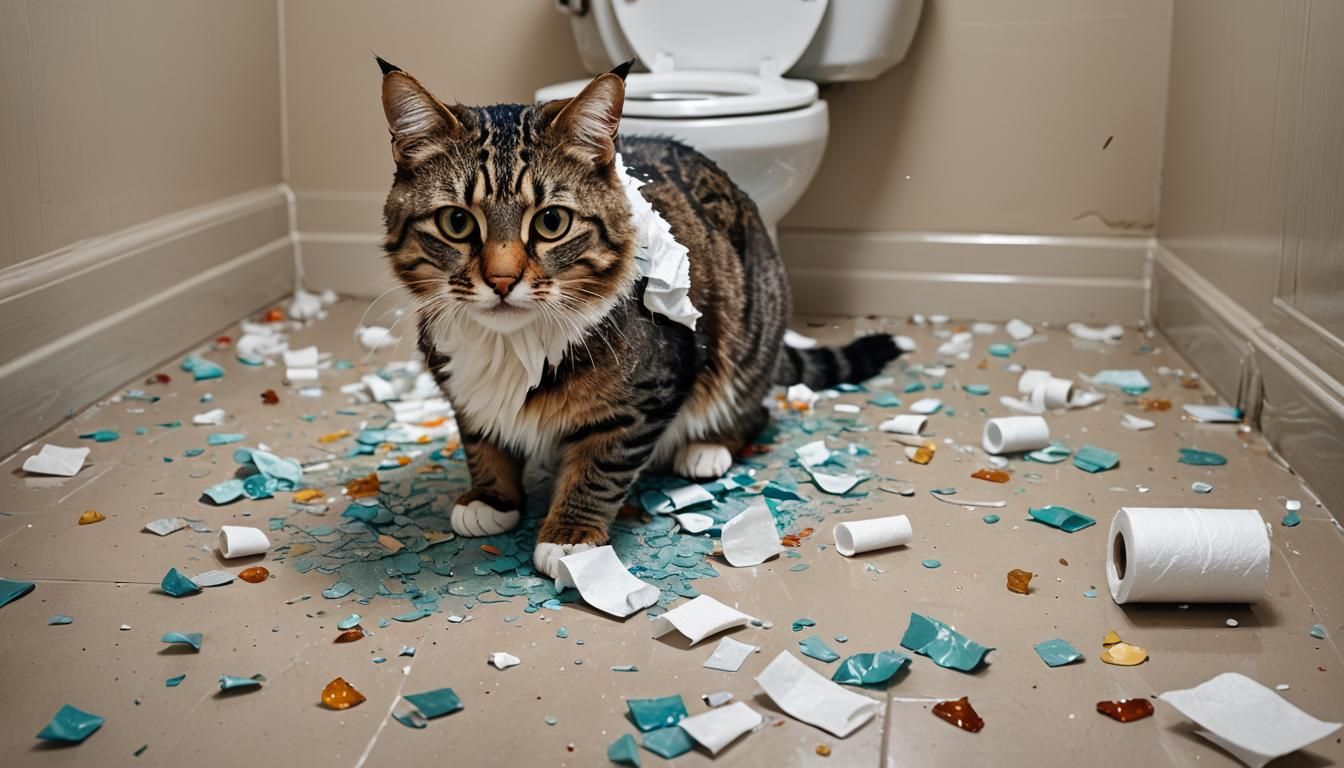 Wild Cat Creates Bathroom Chaos: Hyperrealistic Splash Art