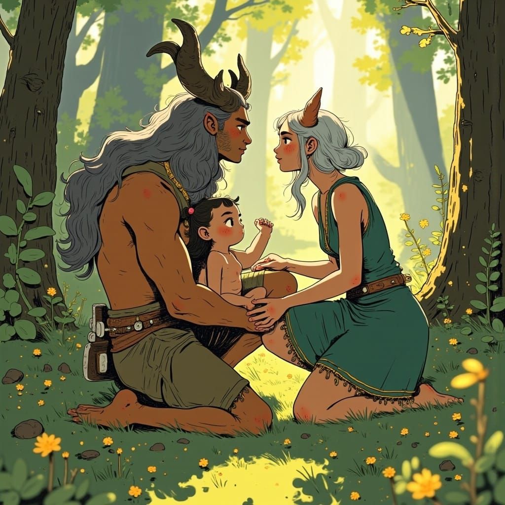 Mythical Forest Deity Family in Tender Scene