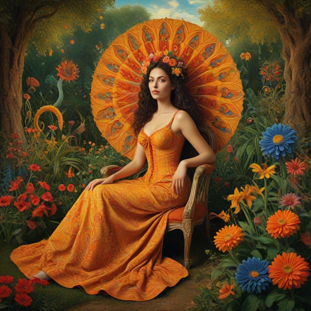 Psychedelic Garden Scene: Spanish Lady in Vibrant Bloom