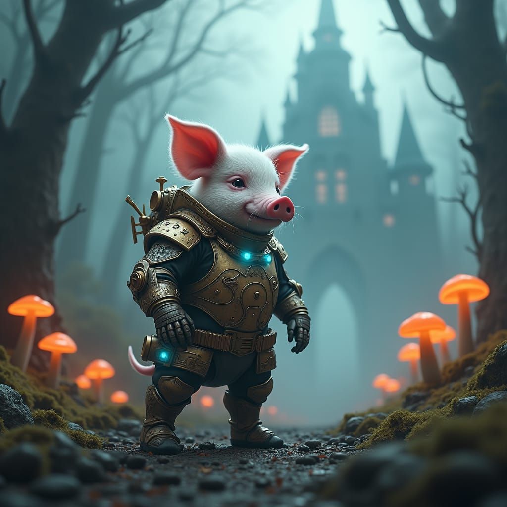Steampunk Piglet Mech Warrior in Mystical Forest