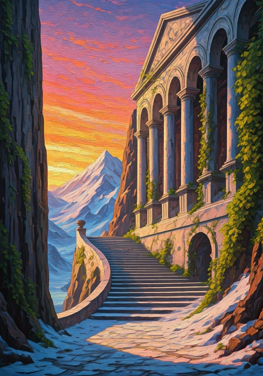 Marble Temple City at Sunset: An Impasto Landscape