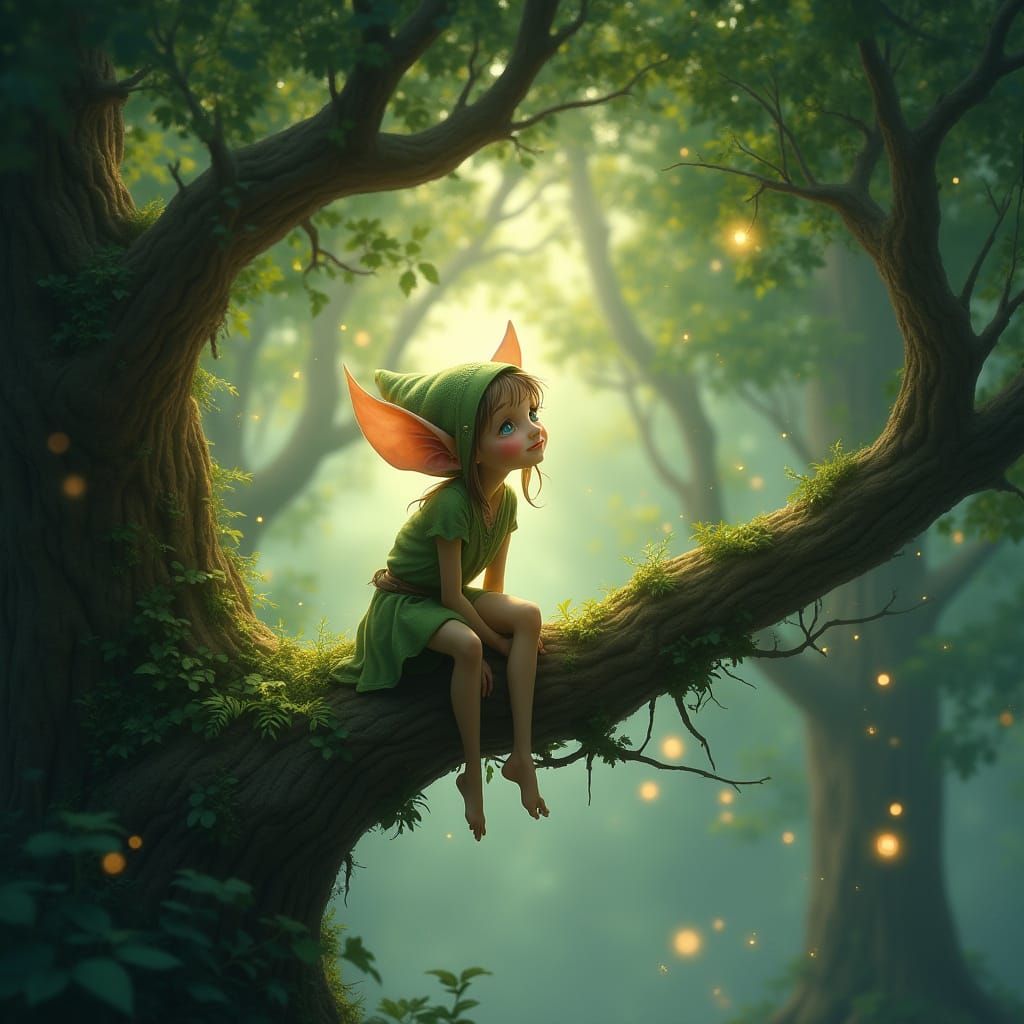 Enchanted Elf Perched on Ancient Tree in Whimsical Forest