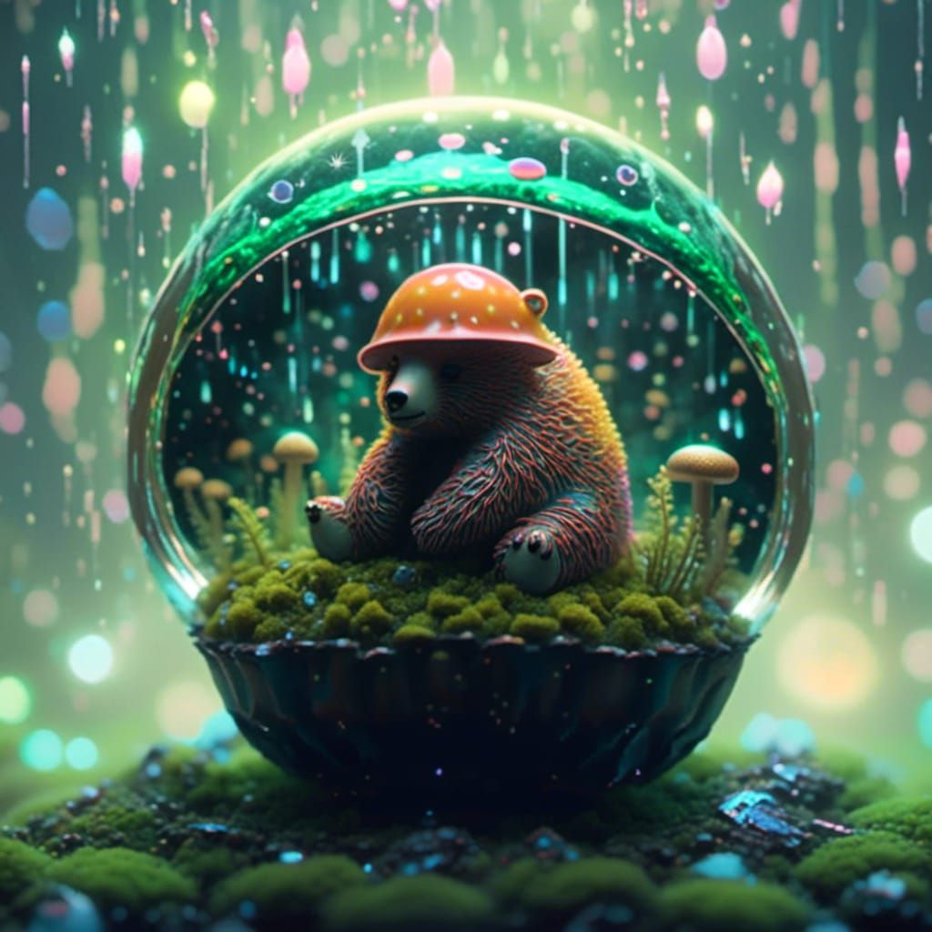 Liquid Ferrofluid Mushroom Bear in Cosmic Moss