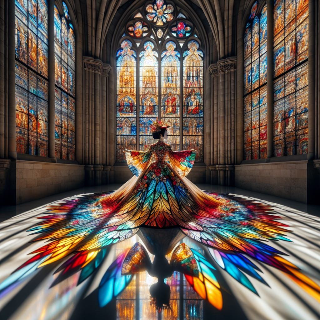 Elegant Geisha in Vibrant Stained Glass Dress Against Cathed...