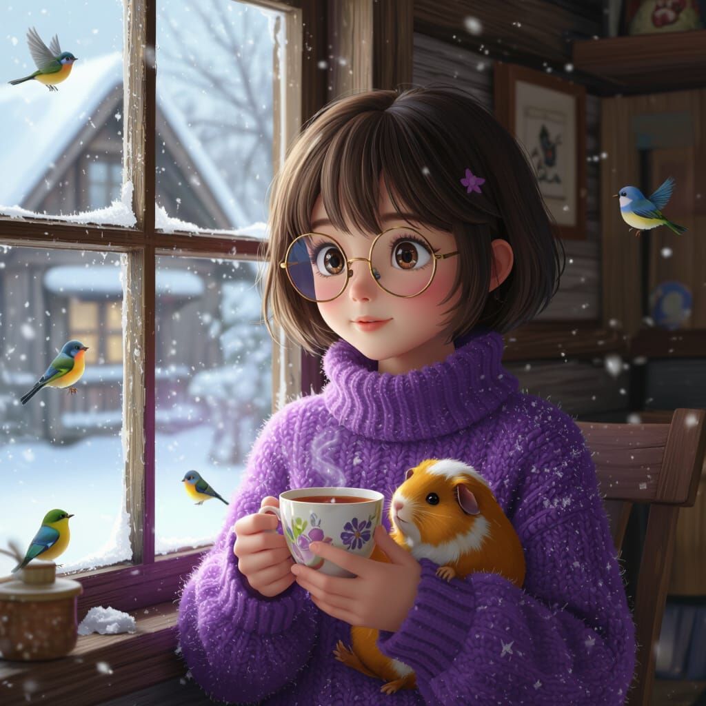 Anime Girl with Guinea Pig Watching Snowfall