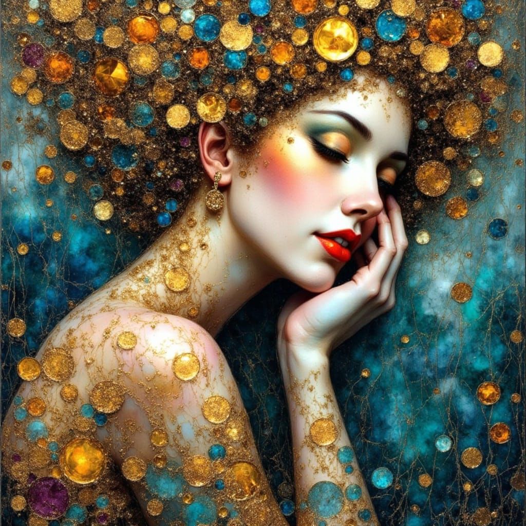 Nature Goddess in Gold and Blue Klimt Style