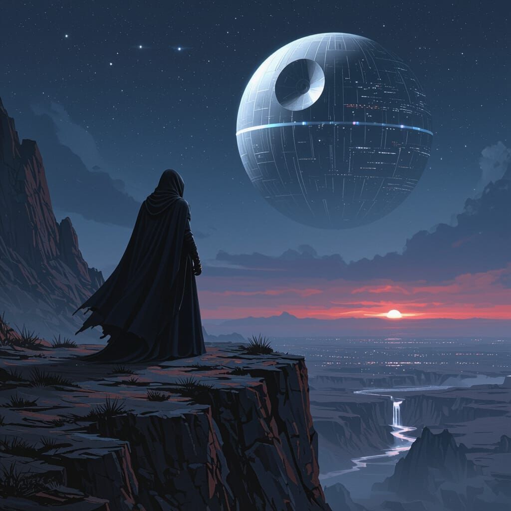 Ominous Cloaked Figure Overlooking Death Star in Dark Landsc...