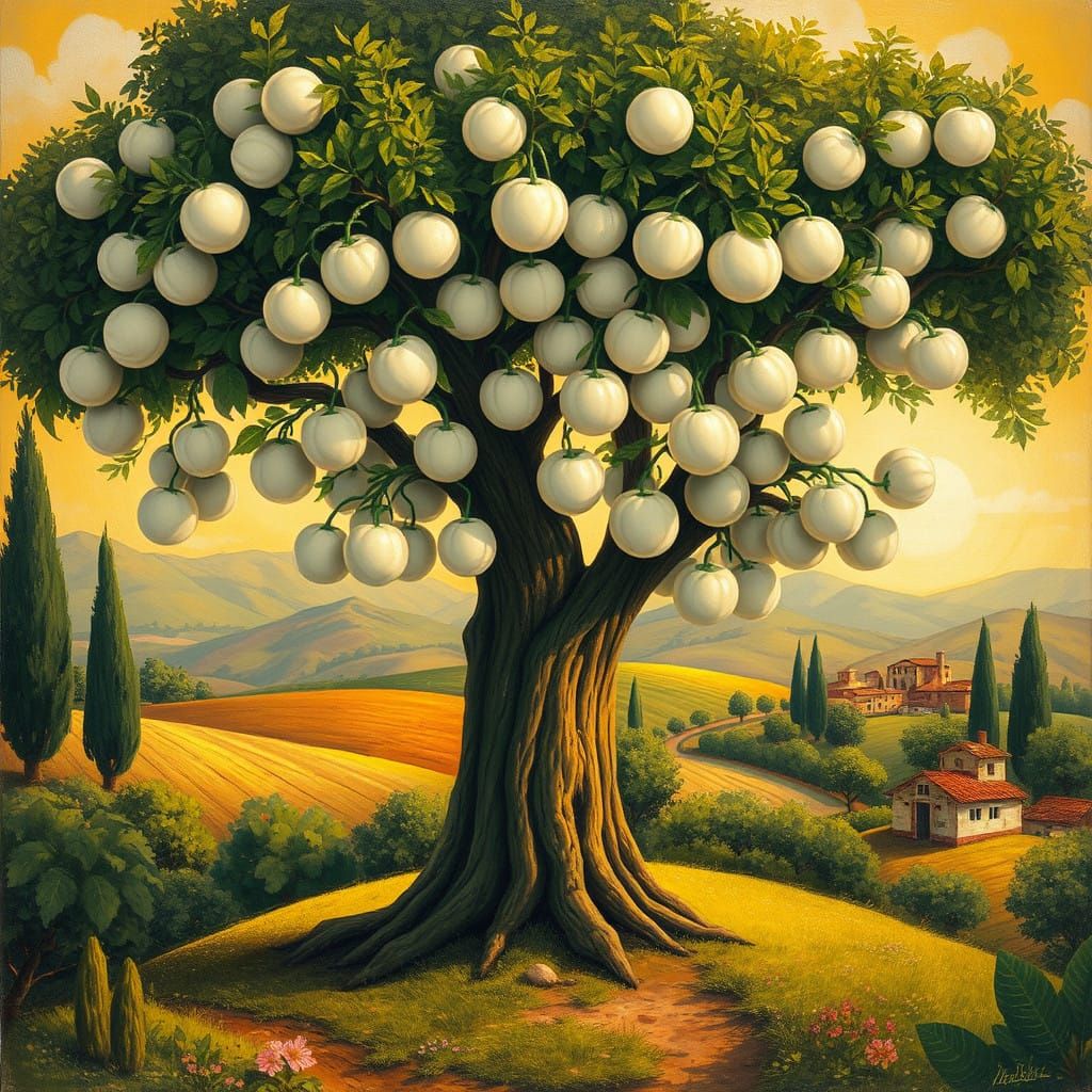 Majestic Tree Laden with Mozzarella in a Vibrant Italian Lan...