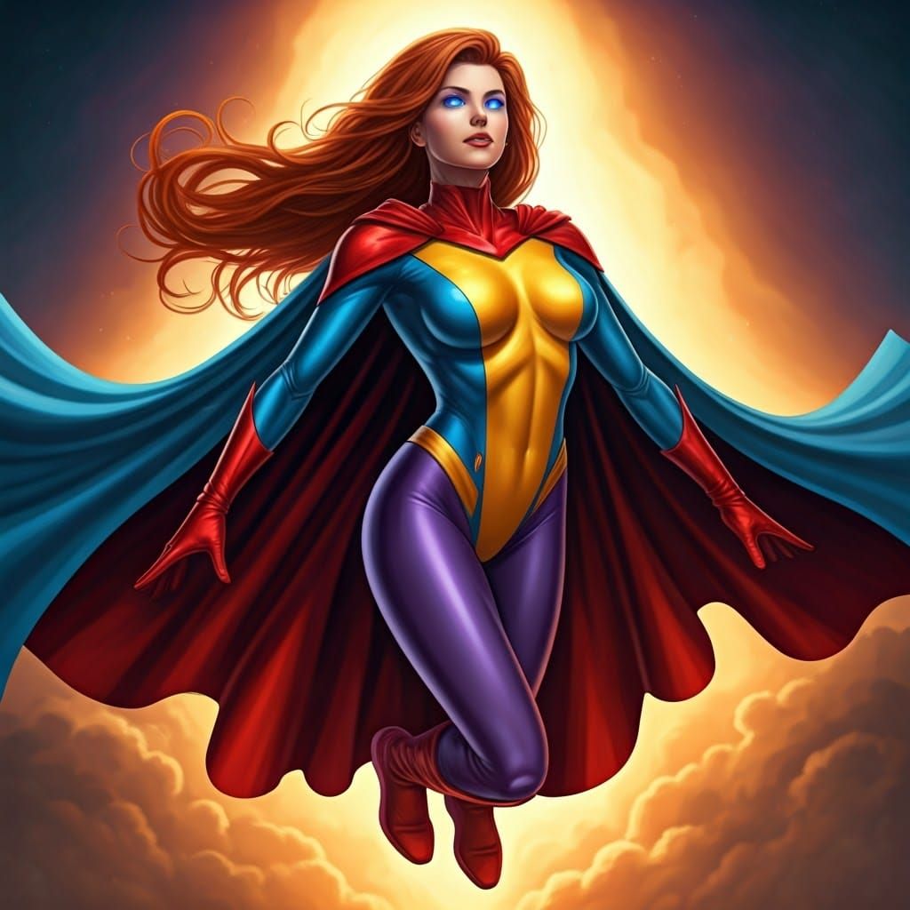 Dynamic Superhero Soaring in Art Nouveau Style