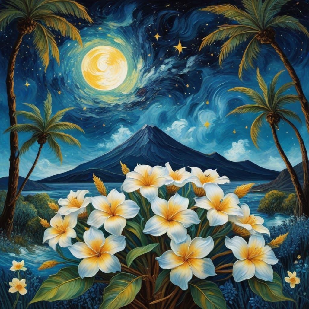 Surreal Starlit Landscape with Volcano and Trees in Impasto ...