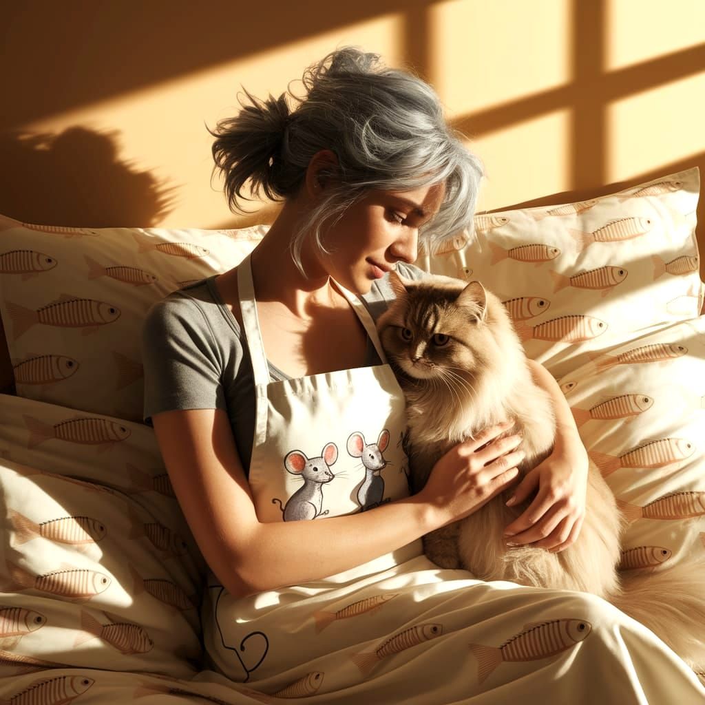 Ethereal Grey-Haired Woman Cuddles with Fluffy Angora Cat in...