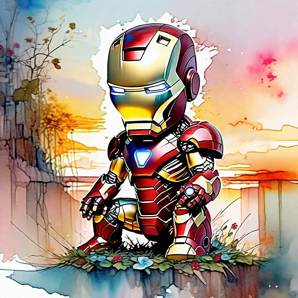Cute Chibi IRONMAN in Watercolor Fantasyscape
