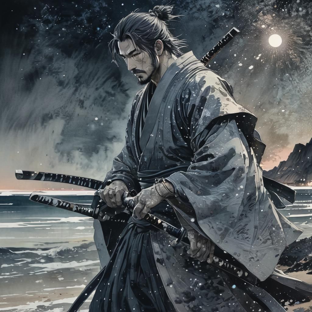 Ghostly Samurai Trains with Katana in Anime Watercolor
