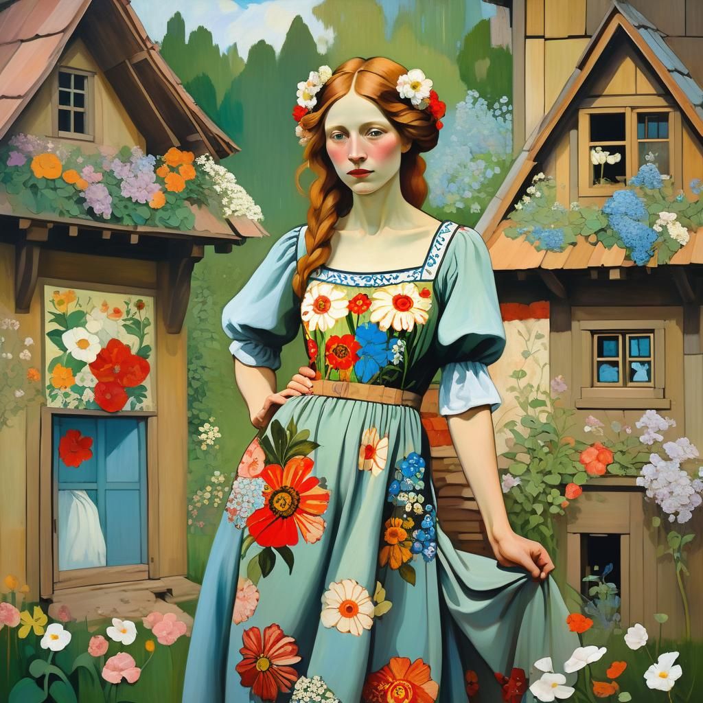 Woman with Flowers: Art Nouveau Style Portrait