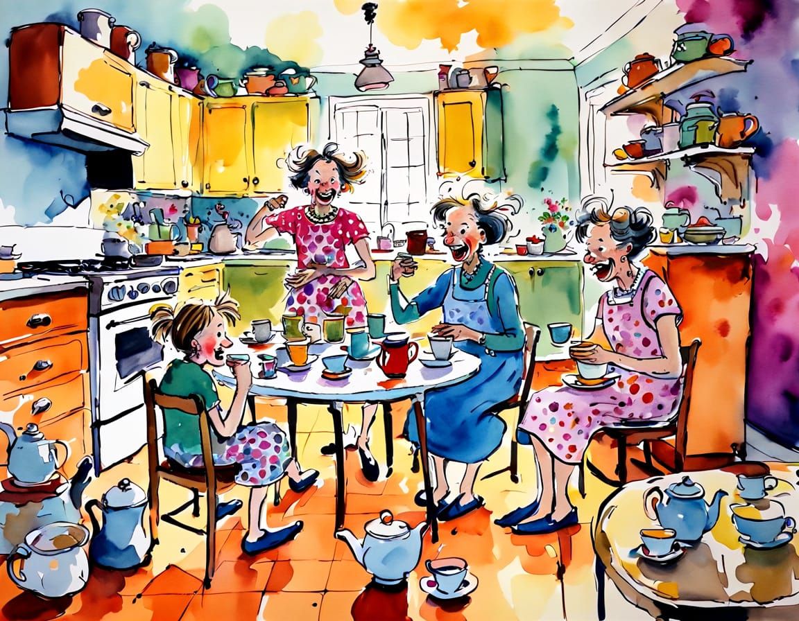 Vibrant 1960s Kitchen Scene in the Style of Quentin Blake