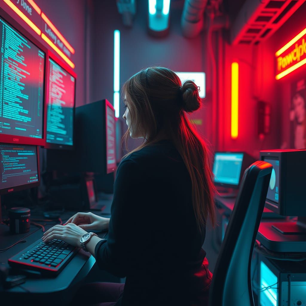 Futuristic Coder in Neon-Lit, High-Tech Environment