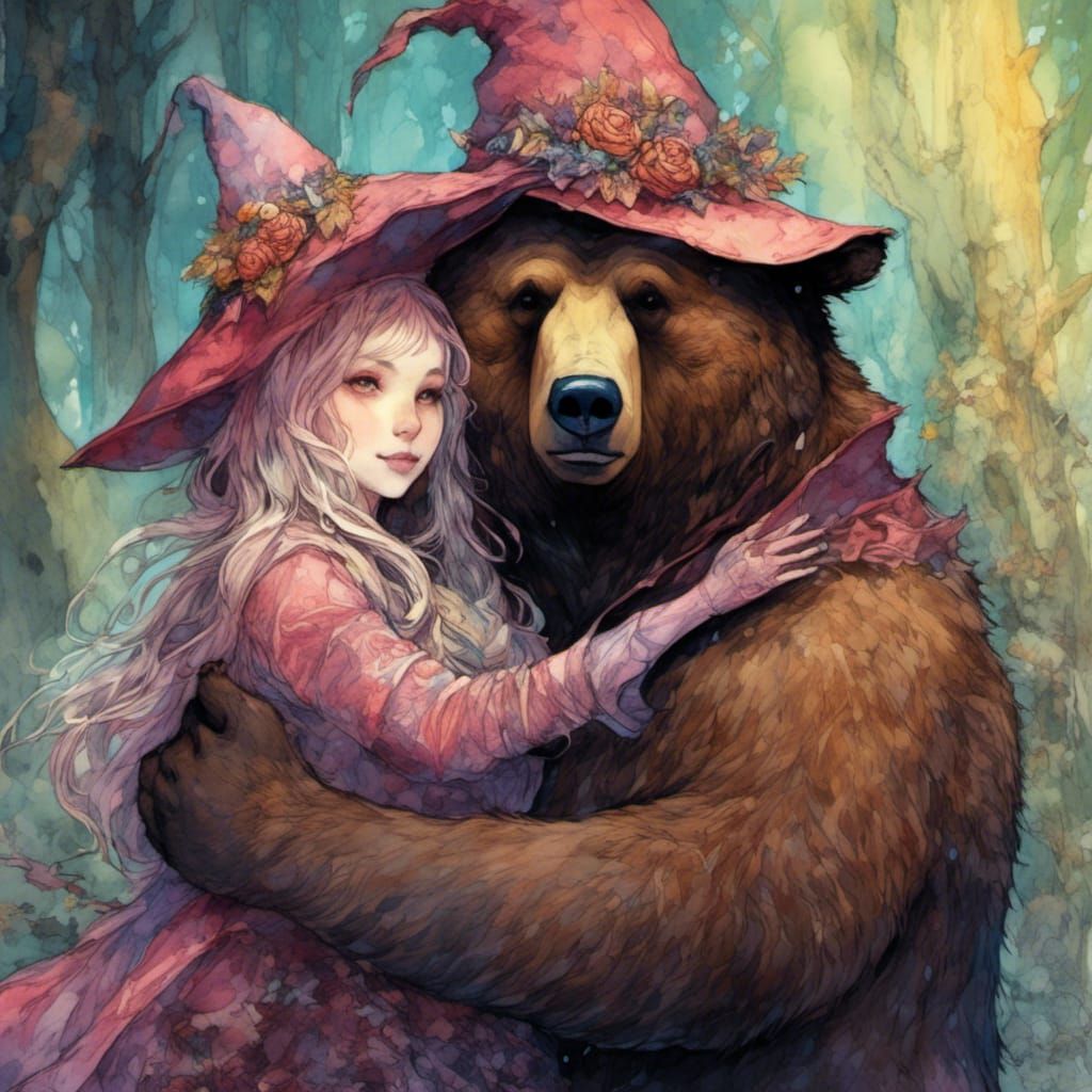 Young Witch and Bear Guardian in Watercolor Style