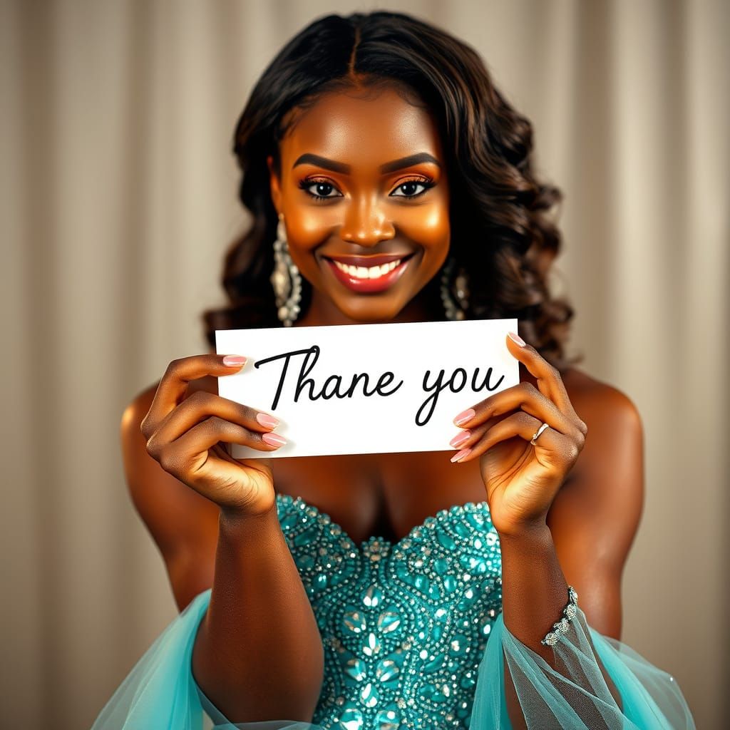 Confident Black Model in Turquoise Ball Gown with Elegant 'T...